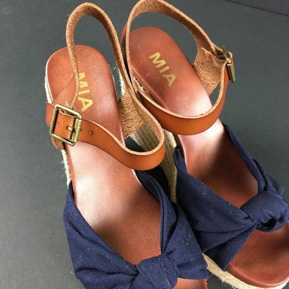 MIA Lorryan Espadrille Knotted Toe Wedge Heel Sandals Blue Size 10 New No Box